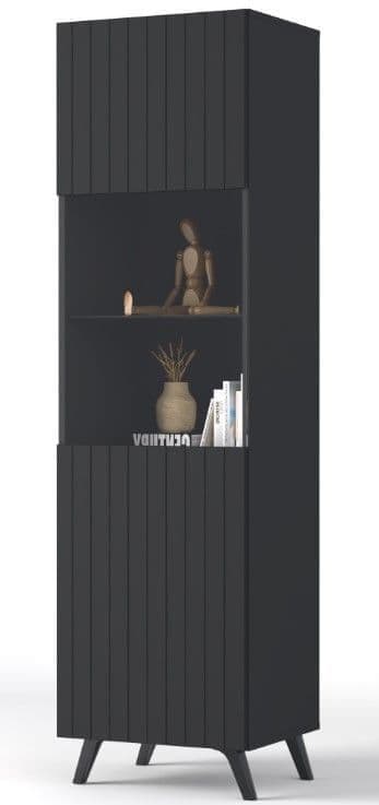 Sleek Atlantis Matte Black Tall Display Cabinet with Glass Door, 4 Shelves