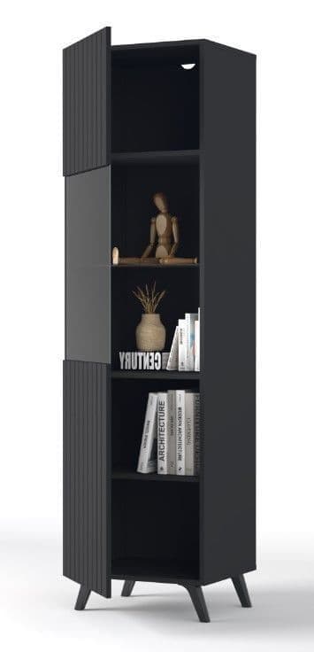 Sleek Atlantis Matte Black Tall Display Cabinet with Glass Door, 4 Shelves