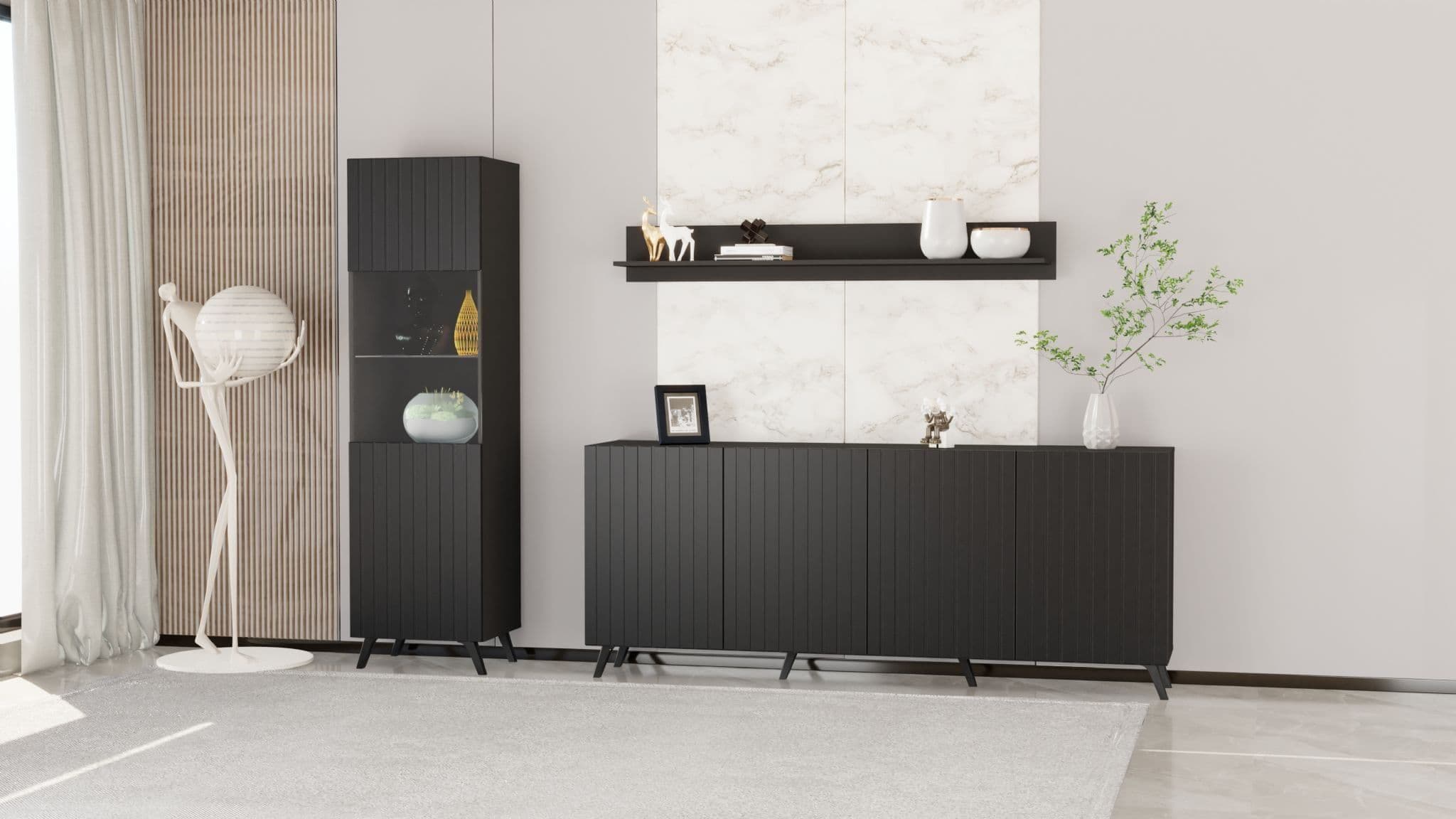 Sleek Atlantis Matte Black Tall Display Cabinet with Glass Door, 4 Shelves