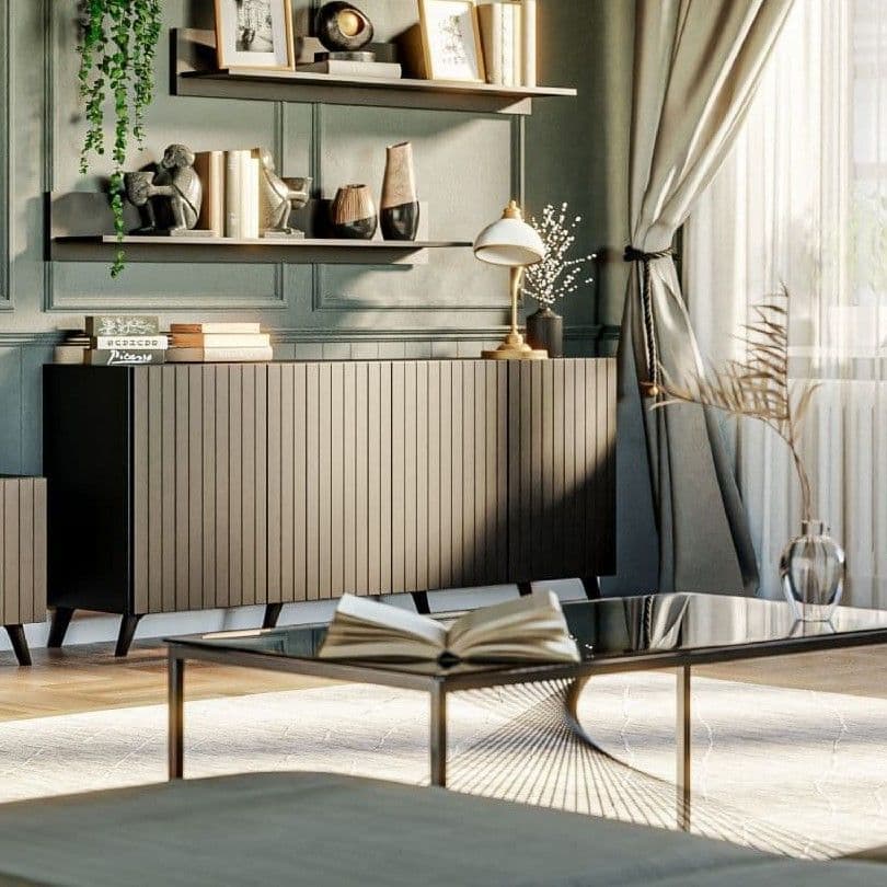 Atlantis Wide Matte Black 4-Door Sideboard with Grooved Vertical Lines
