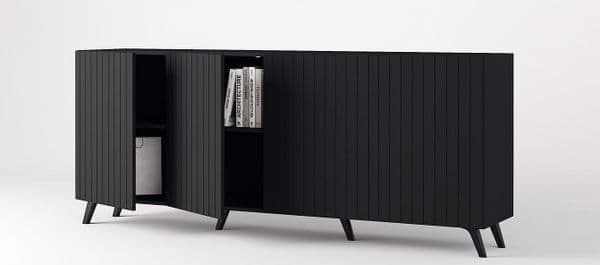 Atlantis Wide Matte Black 4-Door Sideboard with Grooved Vertical Lines