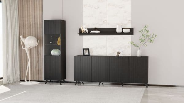 Atlantis Wide Matte Black 4-Door Sideboard with Grooved Vertical Lines