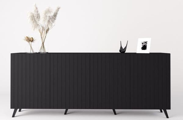 Atlantis Wide Matte Black 4-Door Sideboard with Grooved Vertical Lines