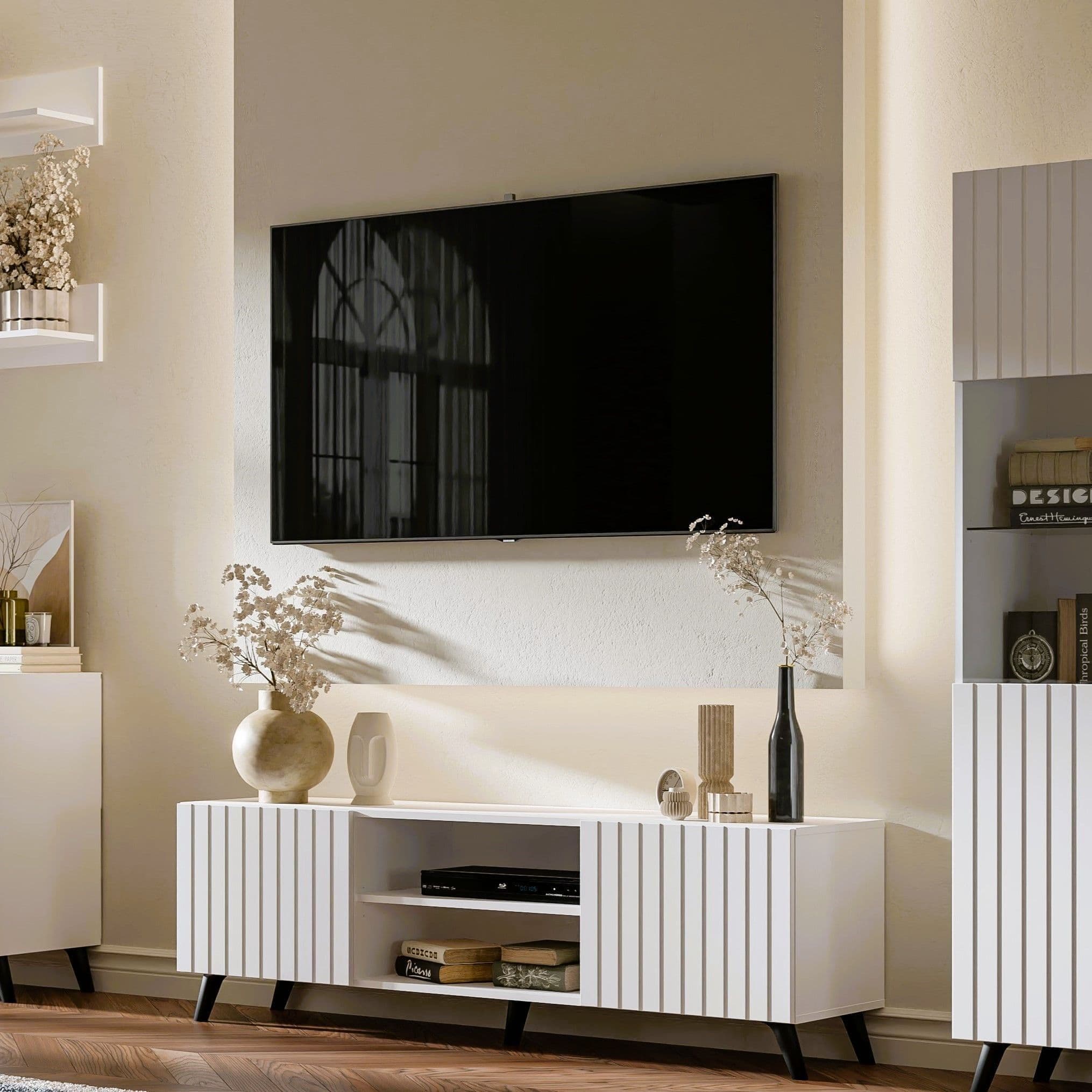 Stylish Atlantis Matte White Large TV Cabinet with Two Grooved Doors