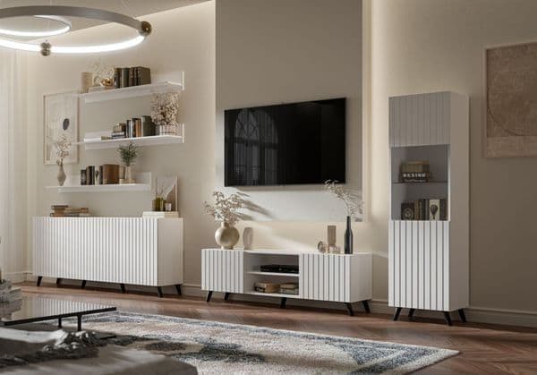 Stylish Atlantis Matte White Large TV Cabinet with Two Grooved Doors