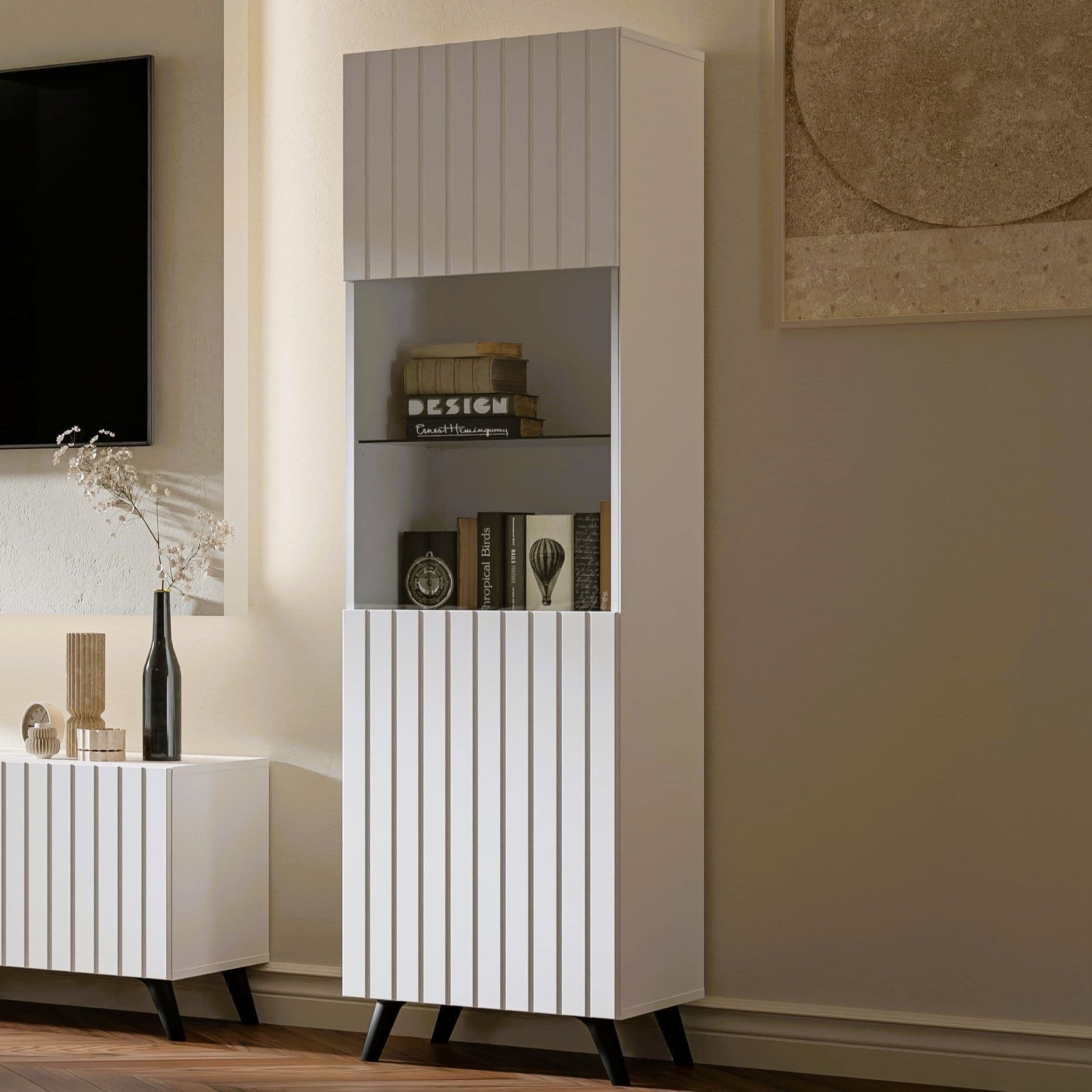 Elegant Atlantis Matte White Tall Display Cabinet with Glass Door & Shelves