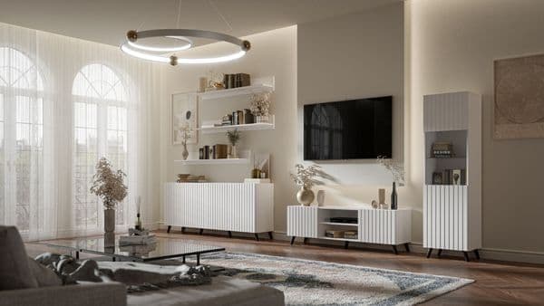 Elegant Atlantis Matte White Tall Display Cabinet with Glass Door & Shelves