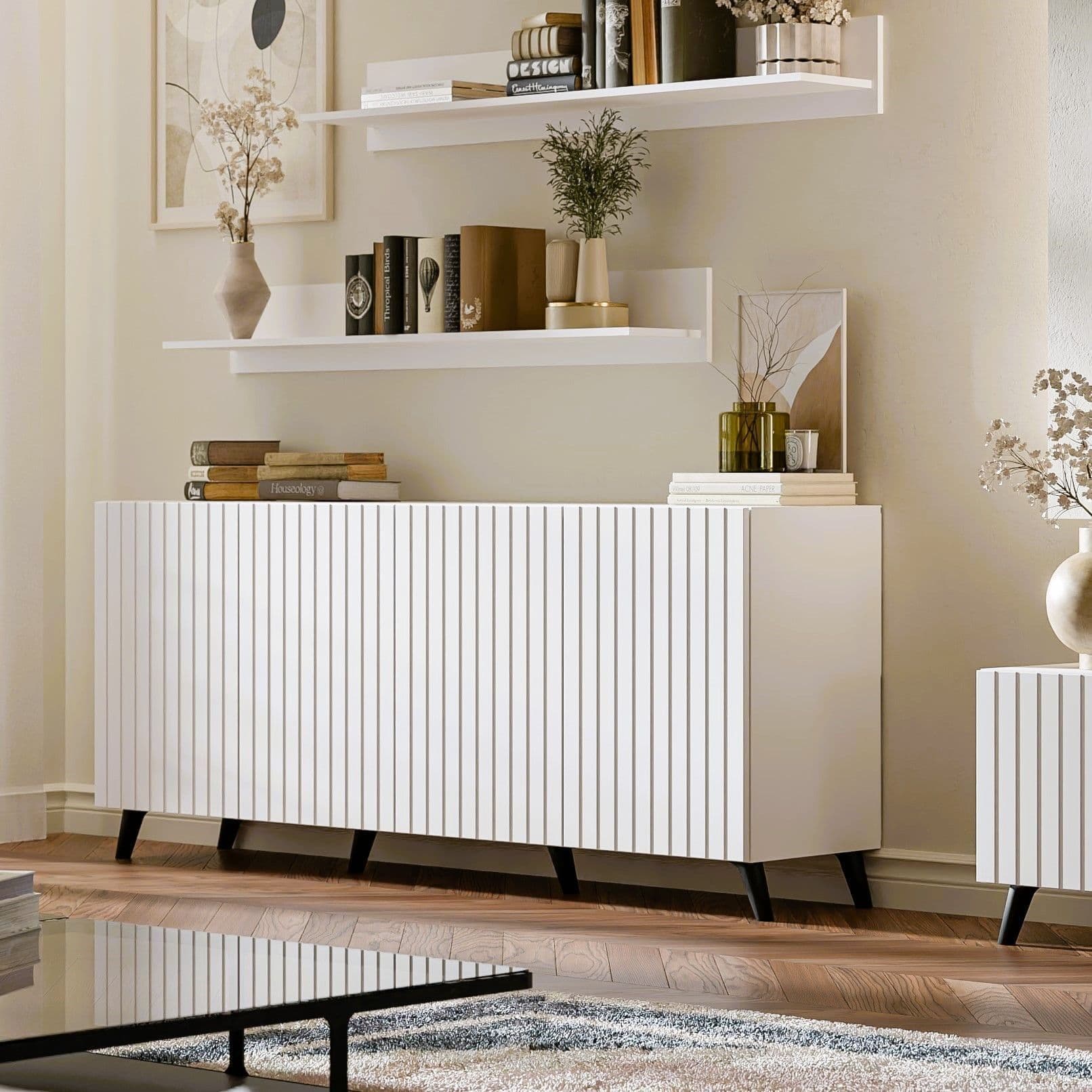 Atlantis Matte White Wide 4-Door Sideboard – Modern Grooved Living Room Storage