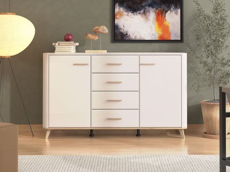 Dariqon Cashmere Oak Effect Sideboard: Two Doors, Four Drawers, 60-inch Wide