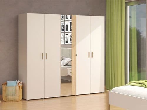 Granada Cashmere Artisan Oak 5-Door Mirrored Wardrobe with Hanging Rails, Shelves