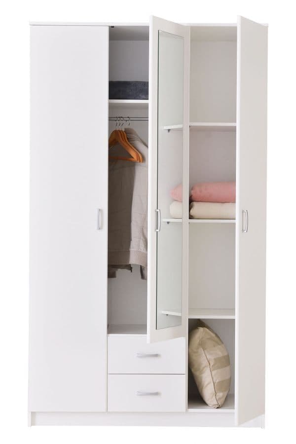 Kano White 3-Door Mirrored Wardrobe with Internal Storage and Drawers