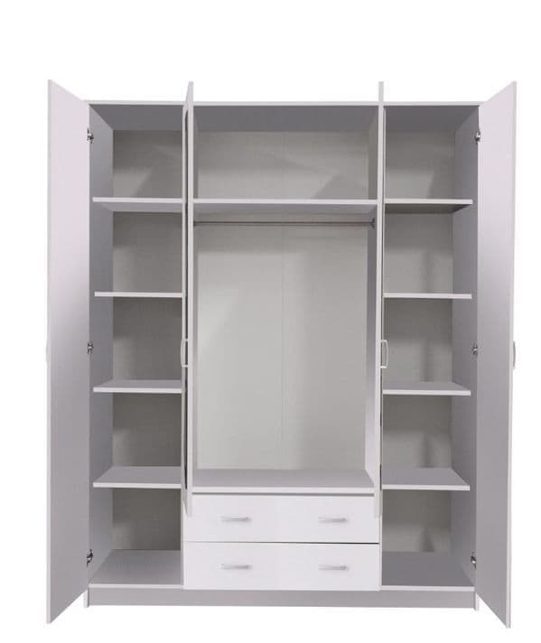 Kano Modern White 4 Door Wardrobe with Mirrors & Drawers, Ample Storage
