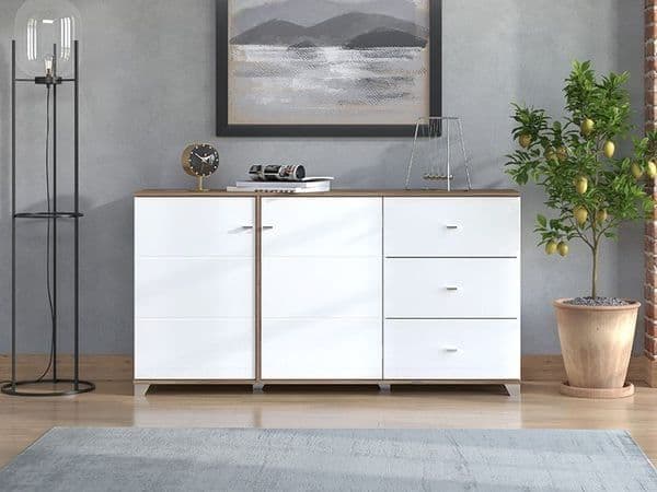 Merlot White Gloss Warm Oak Effect Sideboard with Two Doors and Four Shelves
