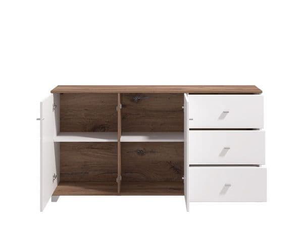 Merlot White Gloss Warm Oak Effect Sideboard with Two Doors and Four Shelves