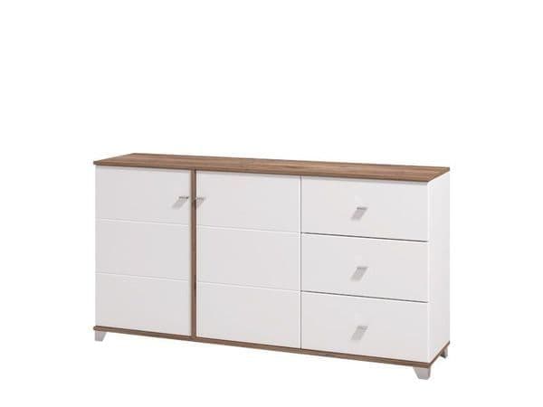 Merlot White Gloss Warm Oak Effect Sideboard with Two Doors and Four Shelves