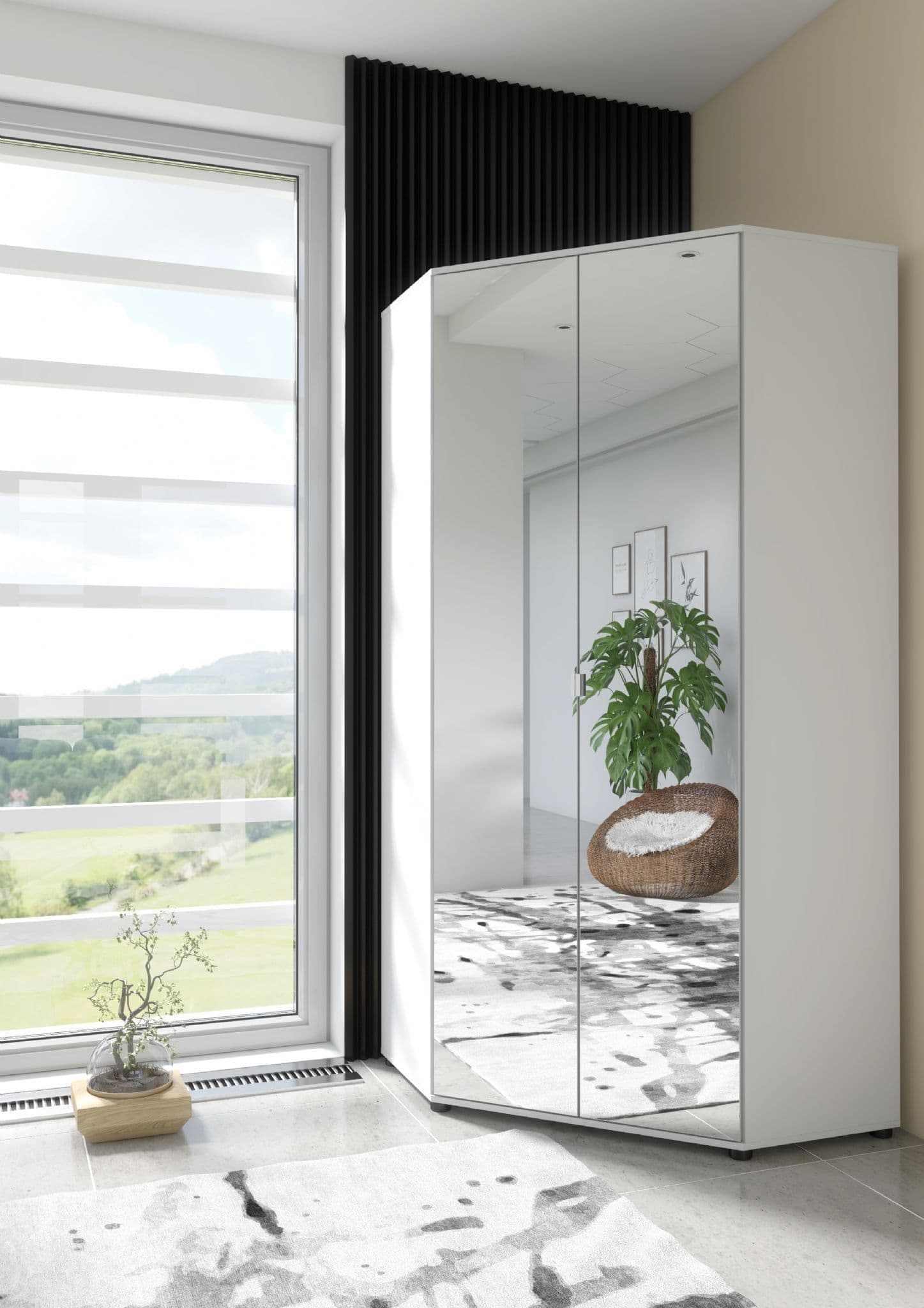 Santino Full Mirrored White 2-Door Corner Wardrobe with Shelves & Hanging Rails