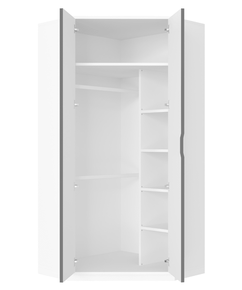 Santino Full Mirrored White 2-Door Corner Wardrobe with Shelves & Hanging Rails