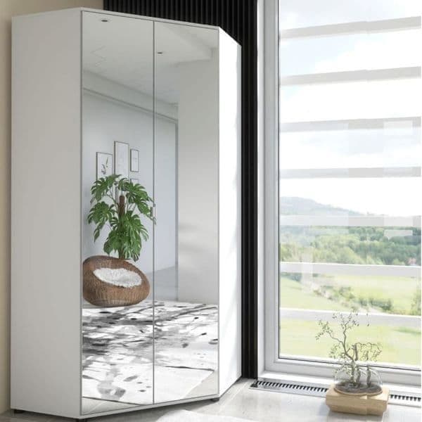 Santino Full Mirrored White 2-Door Corner Wardrobe with Shelves & Hanging Rails