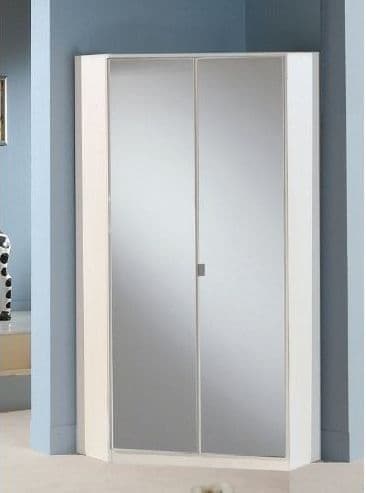 Santino Full Mirrored White 2-Door Corner Wardrobe with Shelves & Hanging Rails