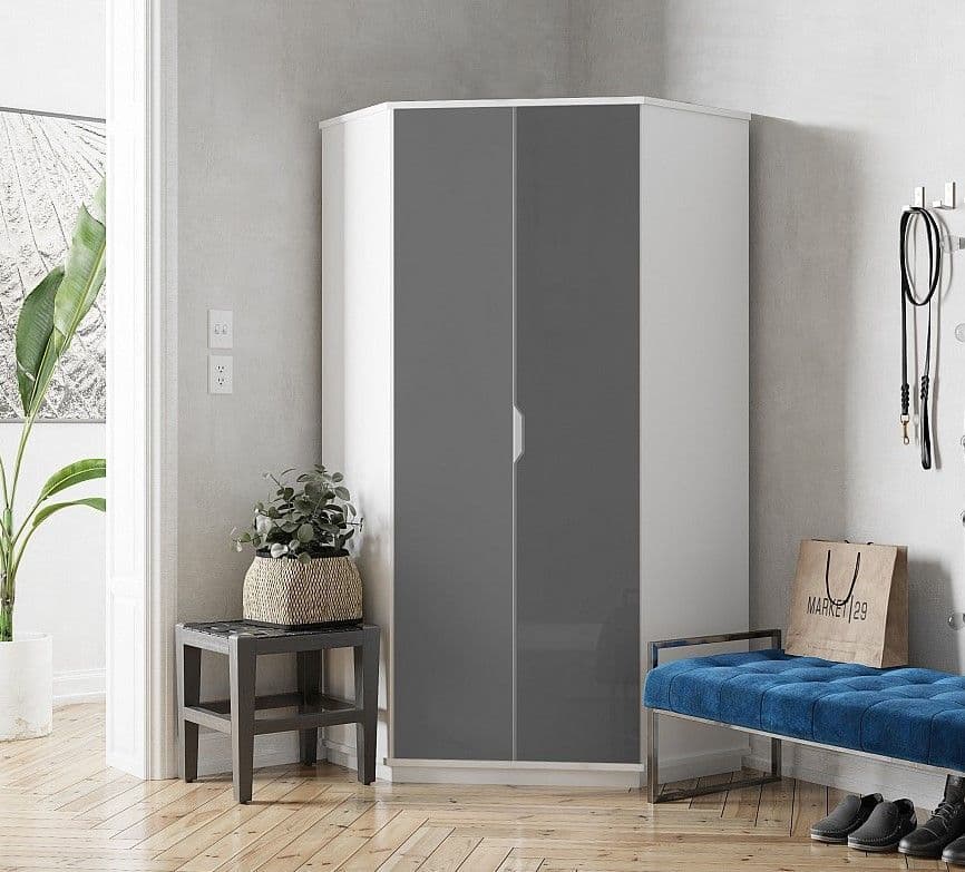 Santino High Gloss Grey & White Corner Wardrobe - Space-Saving Storage Solution