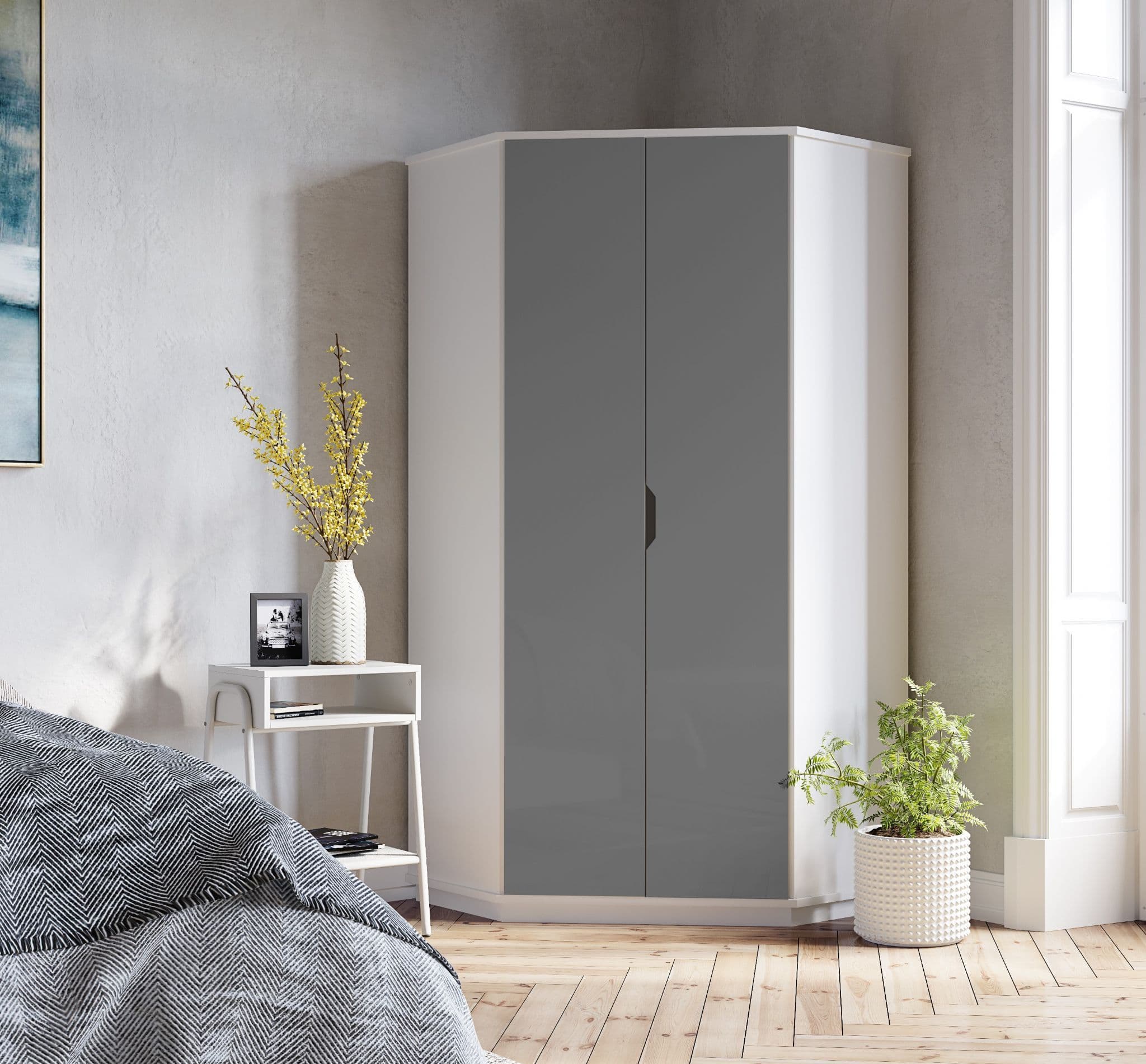 Santino High Gloss Grey & White Corner Wardrobe - Space-Saving Storage Solution