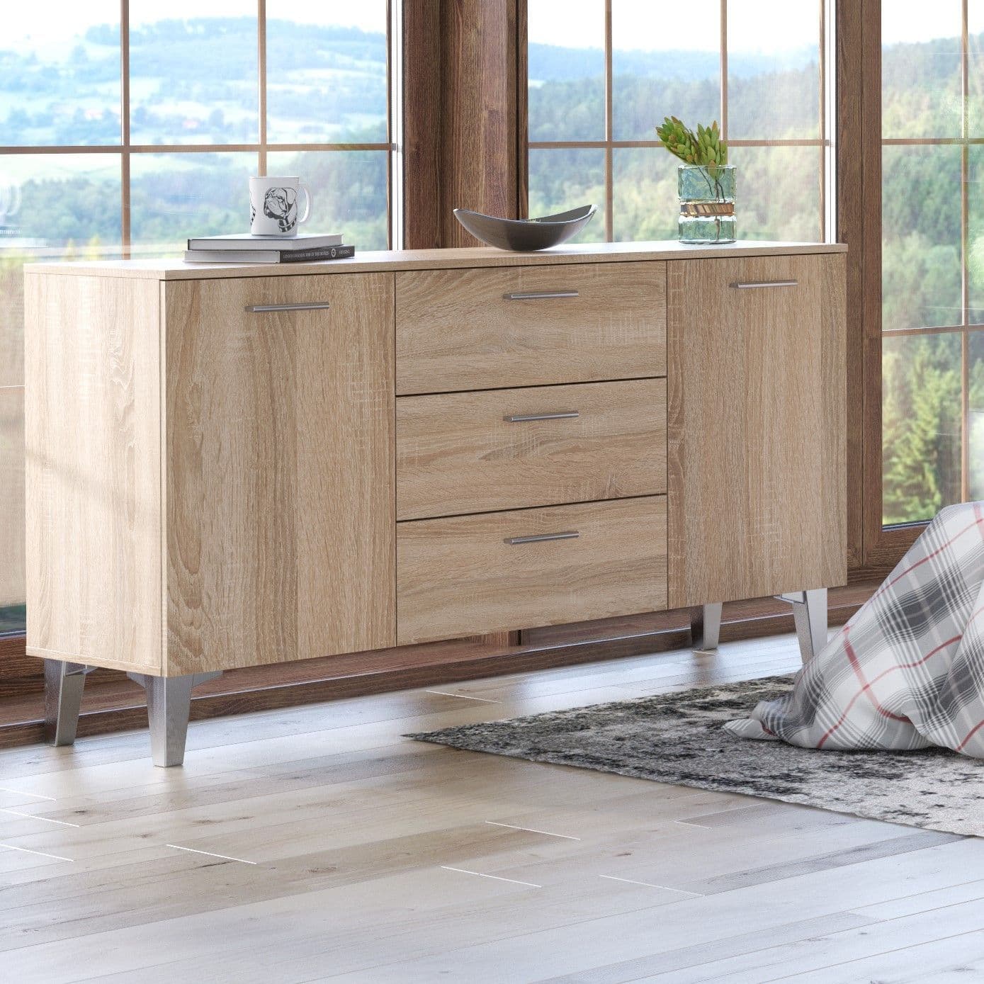 Santino Sonoma Oak Effect Wide Sideboard: Spacious 2-Door, 3-Drawer Storage Unit