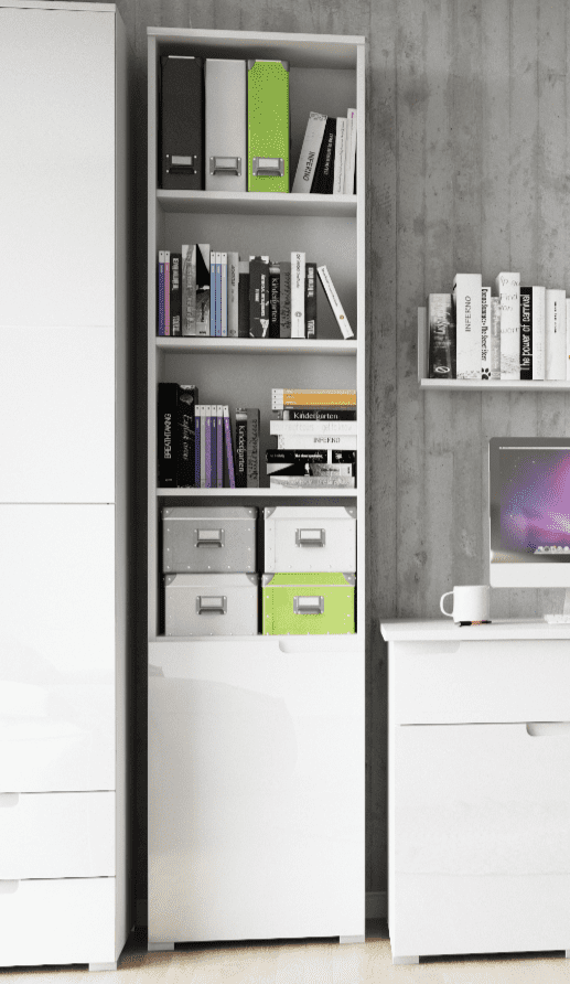 Santino Tall Narrow Bookcase, White Gloss Door, Modern Storage Unit
