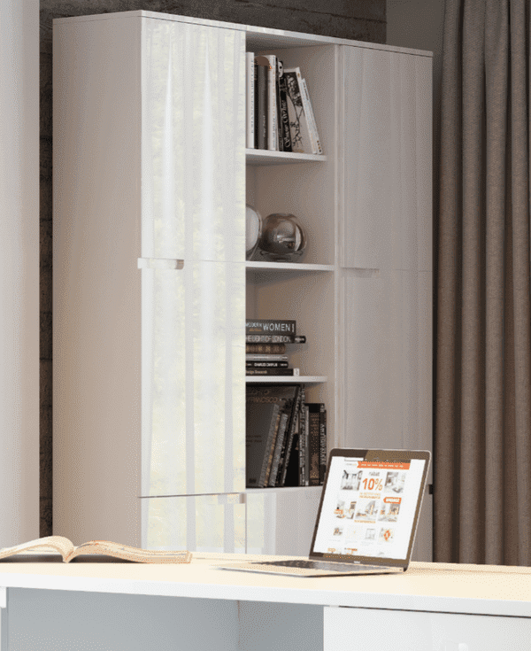Santino Modern Tall Narrow Bookcase with White Gloss Doors, 6 Compartments