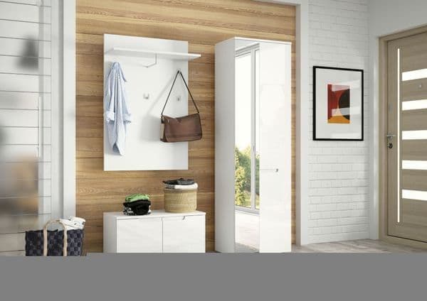 Modern White Gloss Hallway Coat Rack with Shelf and Multiple Hooks