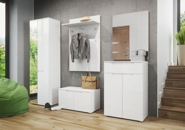 Modern White Gloss Hallway Coat Rack with Shelf and Multiple Hooks