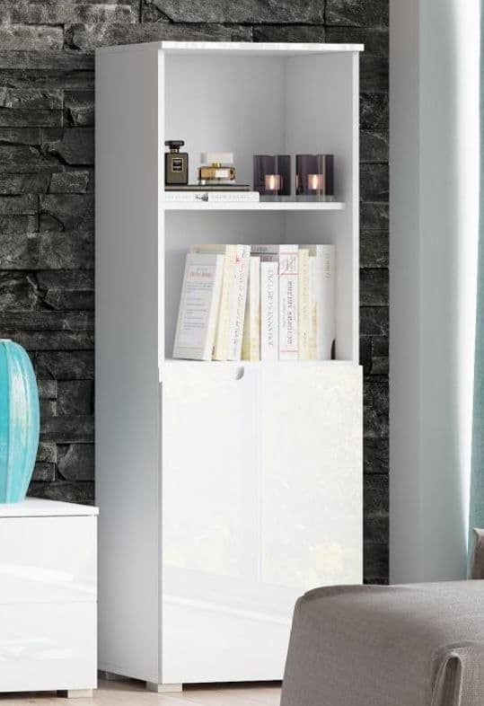 Santino White Gloss Narrow Bookcase with Handleless Door - Modern 4-Tier Storage