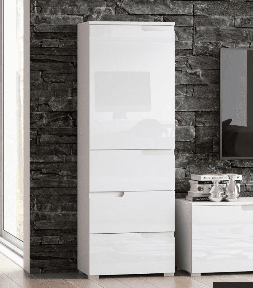 Santino White Gloss Tallboy Storage Unit: Slim Design, Cupboard, Three Drawers