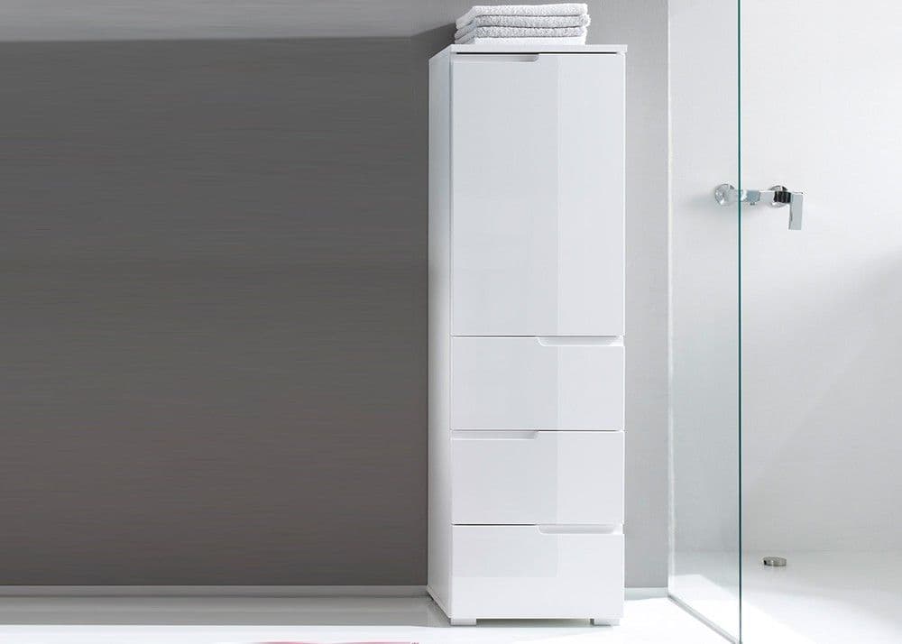 Santino White Gloss Tallboy Storage Unit: Slim Design, Cupboard, Three Drawers