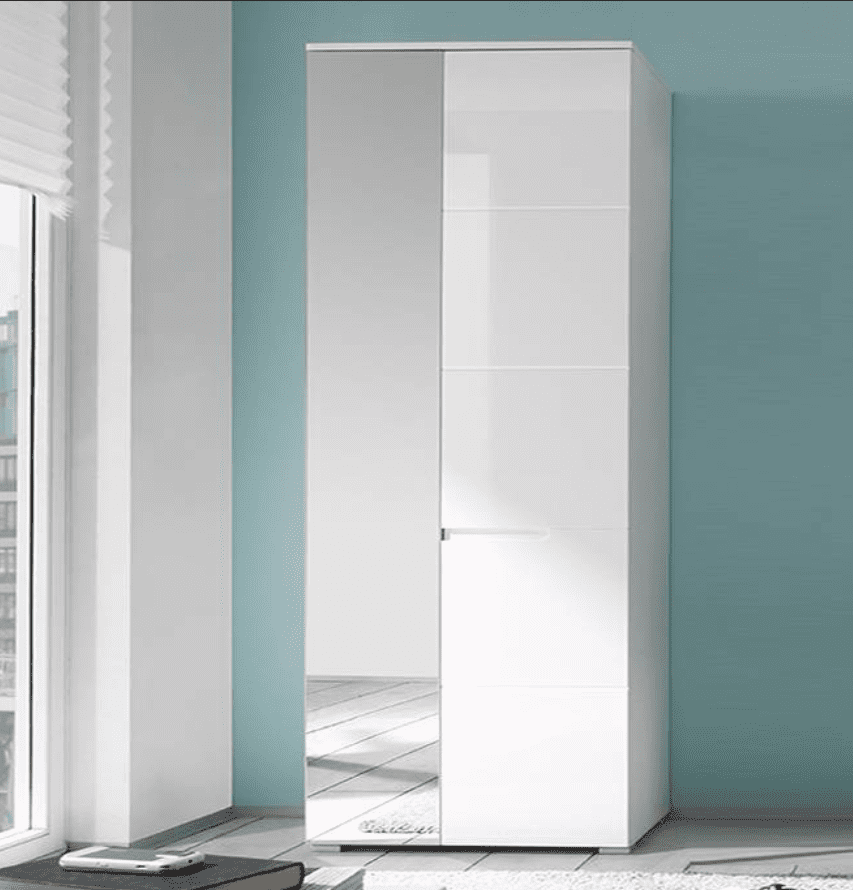 Santino Modern White Gloss Slim Wardrobe with Mirrored Door, Pullout Rail, Shelves