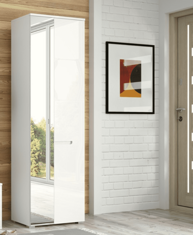 Santino Modern White Gloss Slim Wardrobe with Mirrored Door, Pullout Rail, Shelves