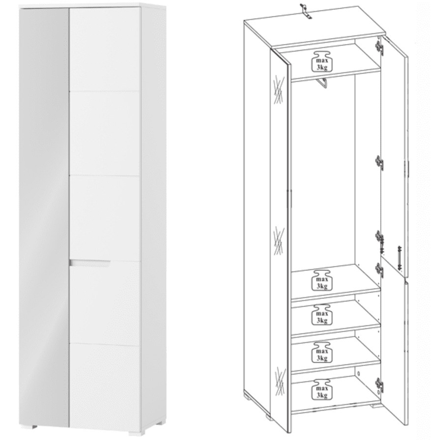 Santino Modern White Gloss Slim Wardrobe with Mirrored Door, Pullout Rail, Shelves
