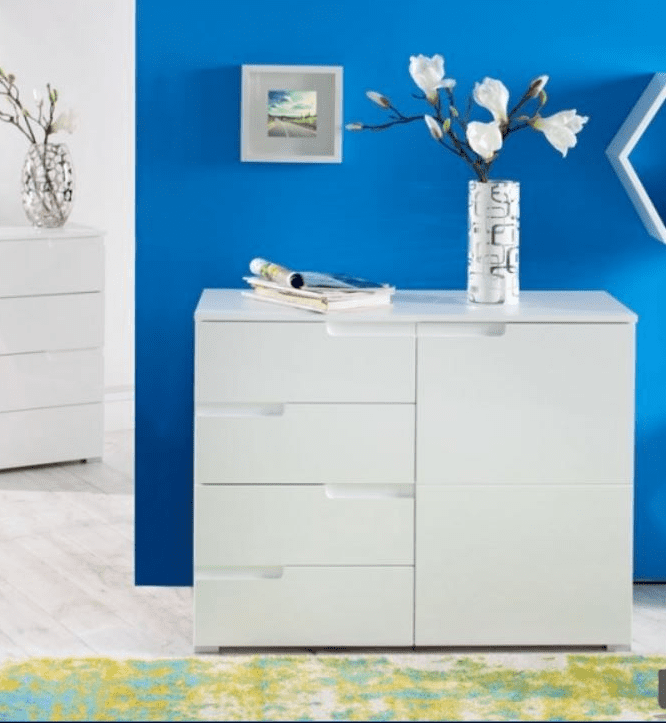 Santino White High Gloss Narrow Sideboard: Modern Storage with 4 Drawers, 1 Door