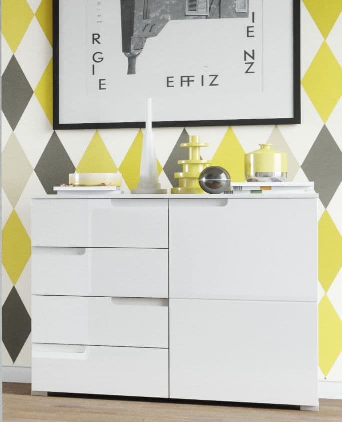 Santino White High Gloss Narrow Sideboard: Modern Storage with 4 Drawers, 1 Door