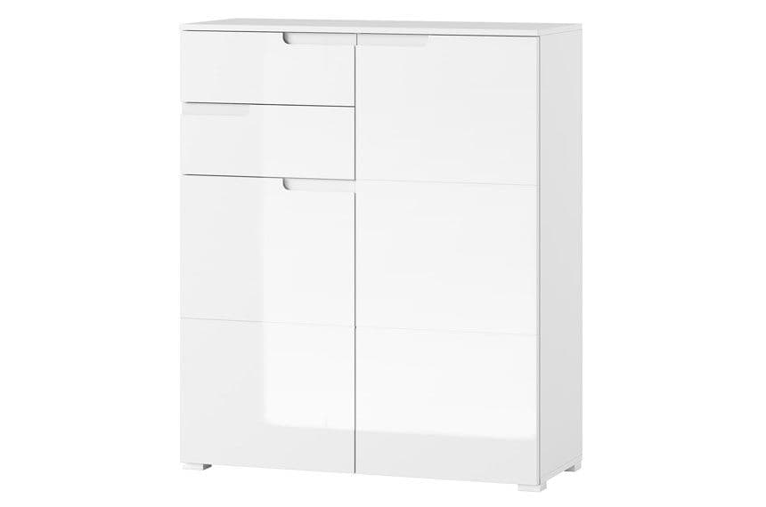 Santino White High Gloss Tall Sideboard, 2 Doors, 2 Drawers, Modern Storage
